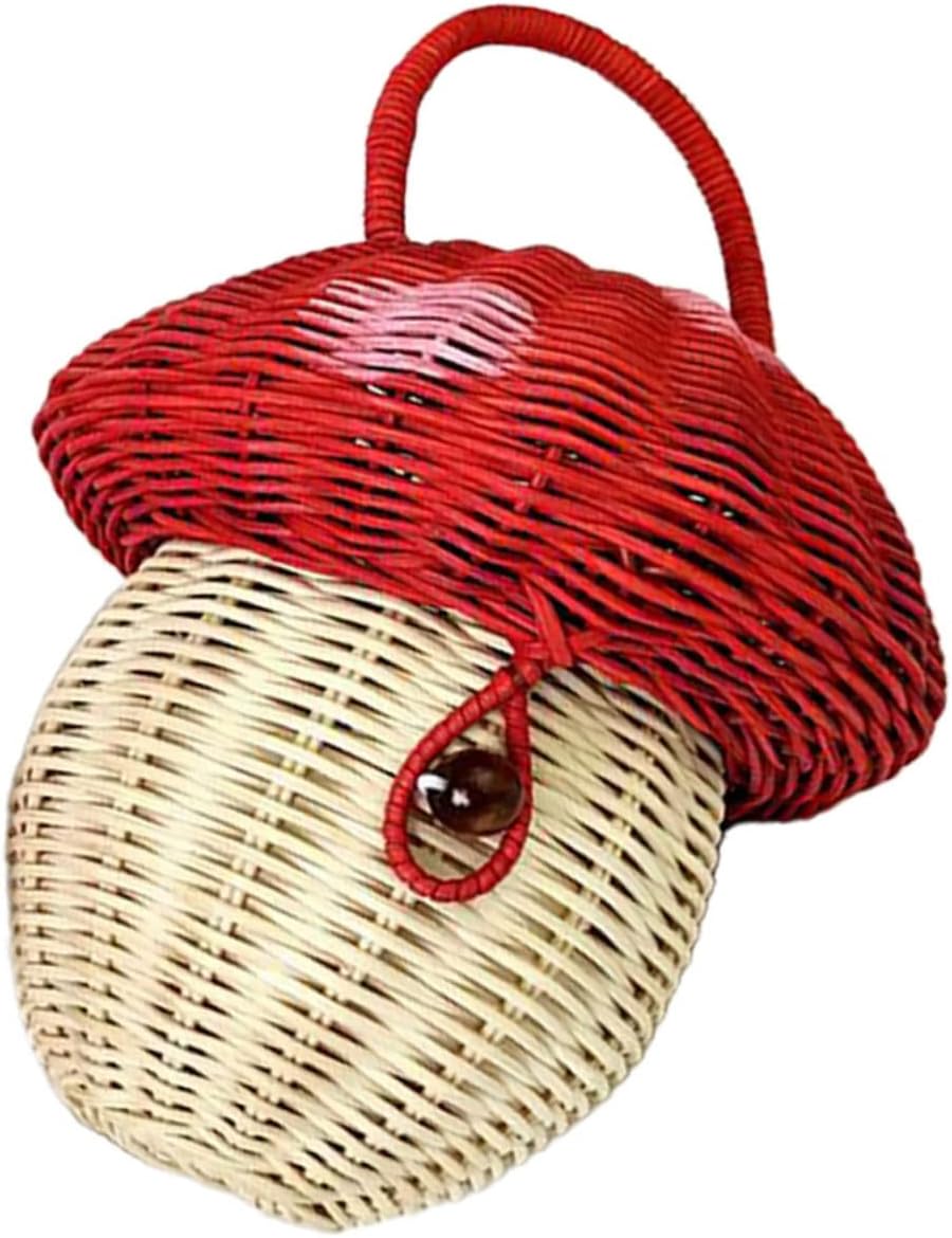 Rattan Mushroom Handbag for Girls Handwoven Candy Storage Basket Photography Prop Unique Decor for Parties Events Random Bead Color