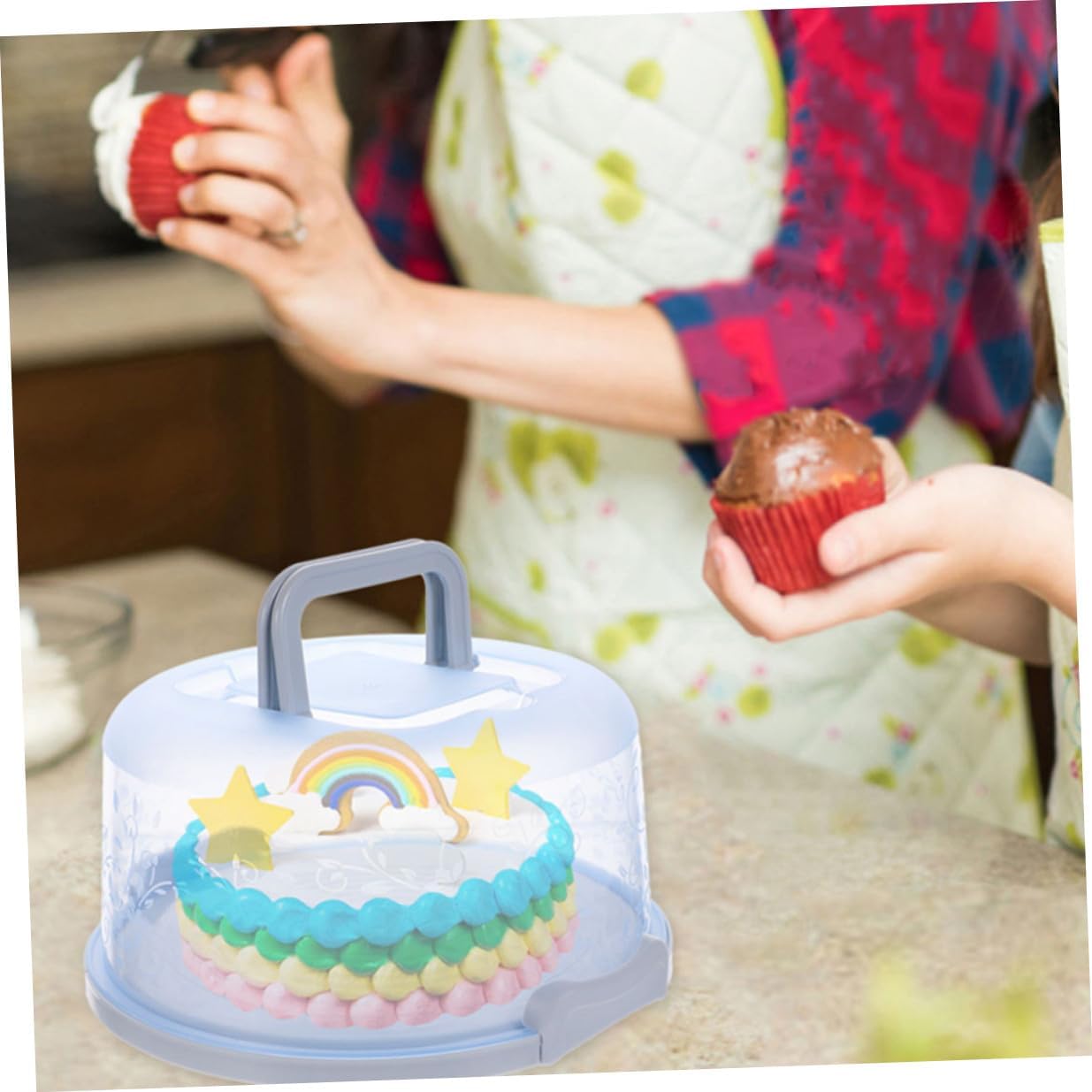 2pcs Portable Cake Box with Handle round Pp Cake Carrier with Lid Blue Baking Packaging Container Transport and Storage