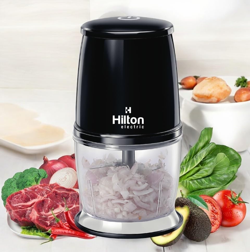 - Hilton Electrical One touch Chopper Versatile Electric Chopper for Garlic, Vegetables,Nuts,Fruits,Meats Chop,Mince, Puree, Whisk,700ml Capacity with 4 Stainless Steel Blades- 300 Watts