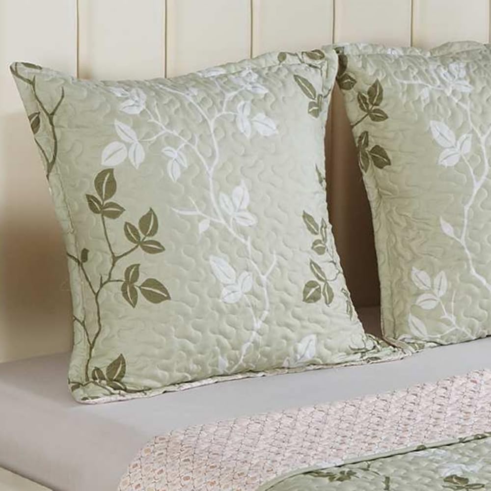 Couvre lit Champêtre Vert 220x240 - Boutis Microfibre Vert Sauge imprimé Feuilles grimpantes + 2 taies 65x65cm