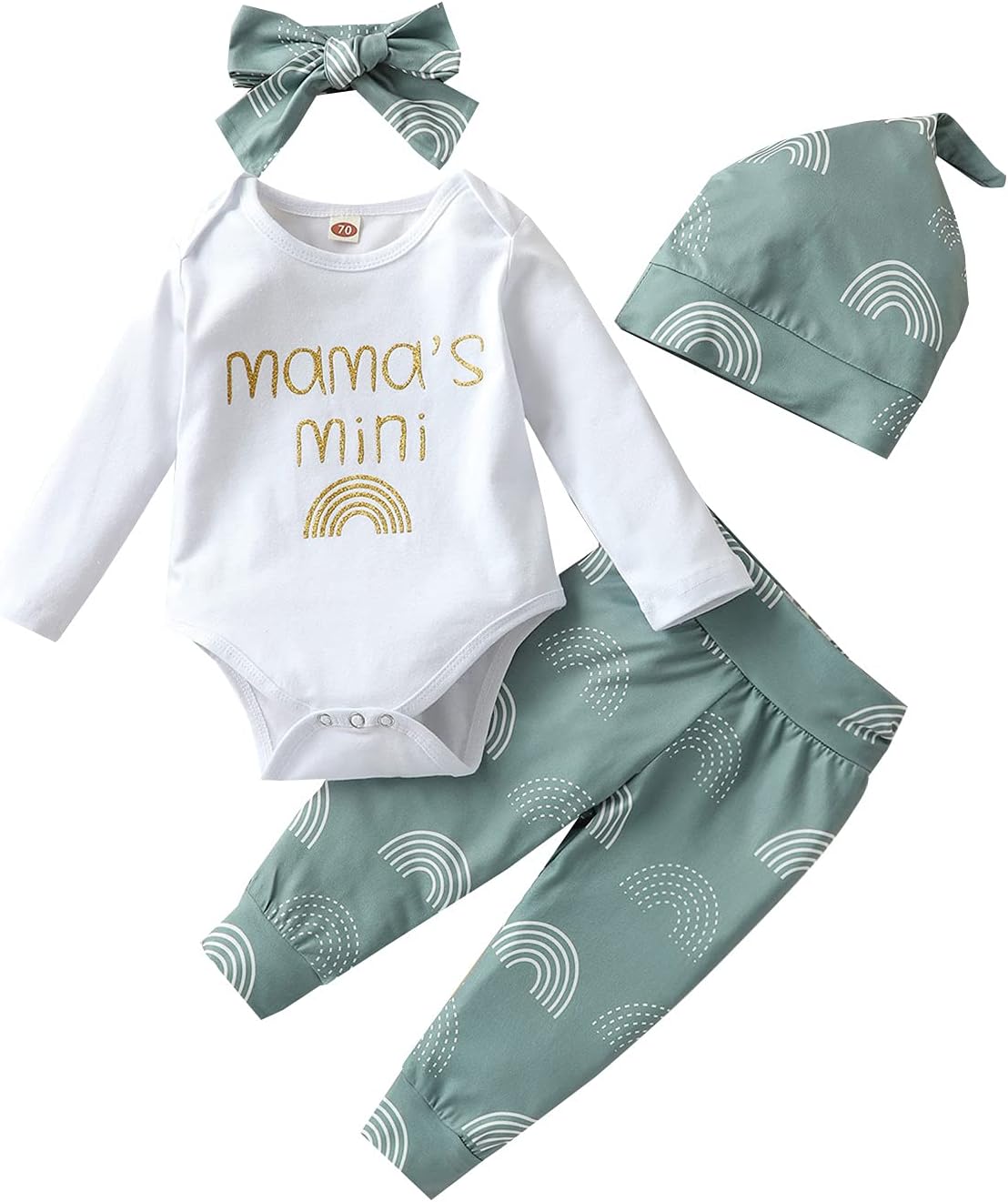 Verve Jelly Newborn Infant Baby Girls Clothes Mama's Mini Romper Bodysuit Rainbow Pants with Hat Headband 4 PCS Outfits Set