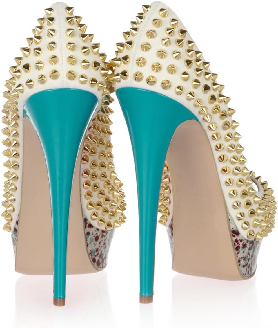 FSJ Women Classic Rivets Platform Heel Peep Toe Pumps High Stiletto Heel Slip On Studded Sexy Wedding Party Dance Shoes Size 4-16 US