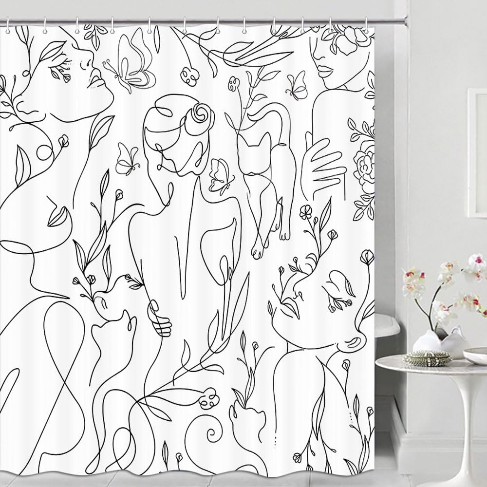 Abstract Shower Curtain for Bathroom Decor, Funny Boho Cat Shower Curtains, Black Lines Women Face Floral Butterfly Silhouette Aesthetic Minimalist Art Printed Fabric Polyester Waterproof 12 PC Hooks