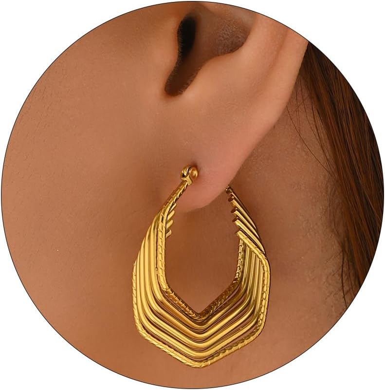 Gold Chunky Hoop Earrings for Women 18K Gold Plated Oval Hoop Earrings Trendy Lightweight Irregular Large Hoops Earring