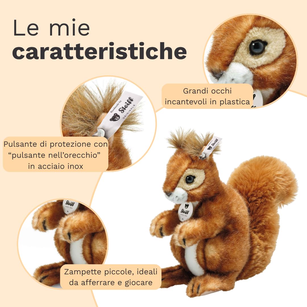Steiff Peluche Scoiattolo Niki, dolce animale di stoffa con occhi in plastica per bambini e bambine, pupazzo di 21 cm, marrone chiaro, 045141