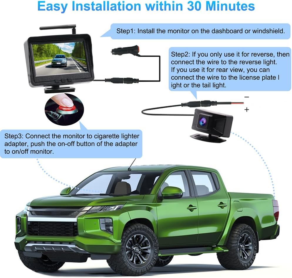 B-Qtech Wireless Backup Camera System Rear View Camera Monitor Kit HD 1080P Reverse Cameras for Truck Car Pickup RV Camper Waterproof Night Vision