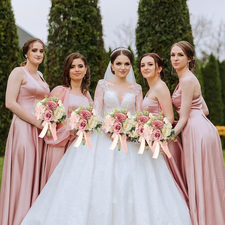 Set of 6 Wedding Bridesmaid Bouquets - 7 Inch Artificial Flowers Bouquets for Ceremony Anniversary Centerpieces Decorations - Pink & White - Image 6