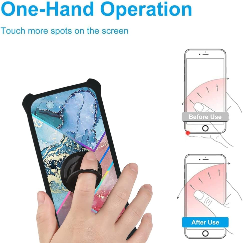 Image illustrating one-hand operation with the ring stand, showing how it helps reach more spots on the screen before and after use.