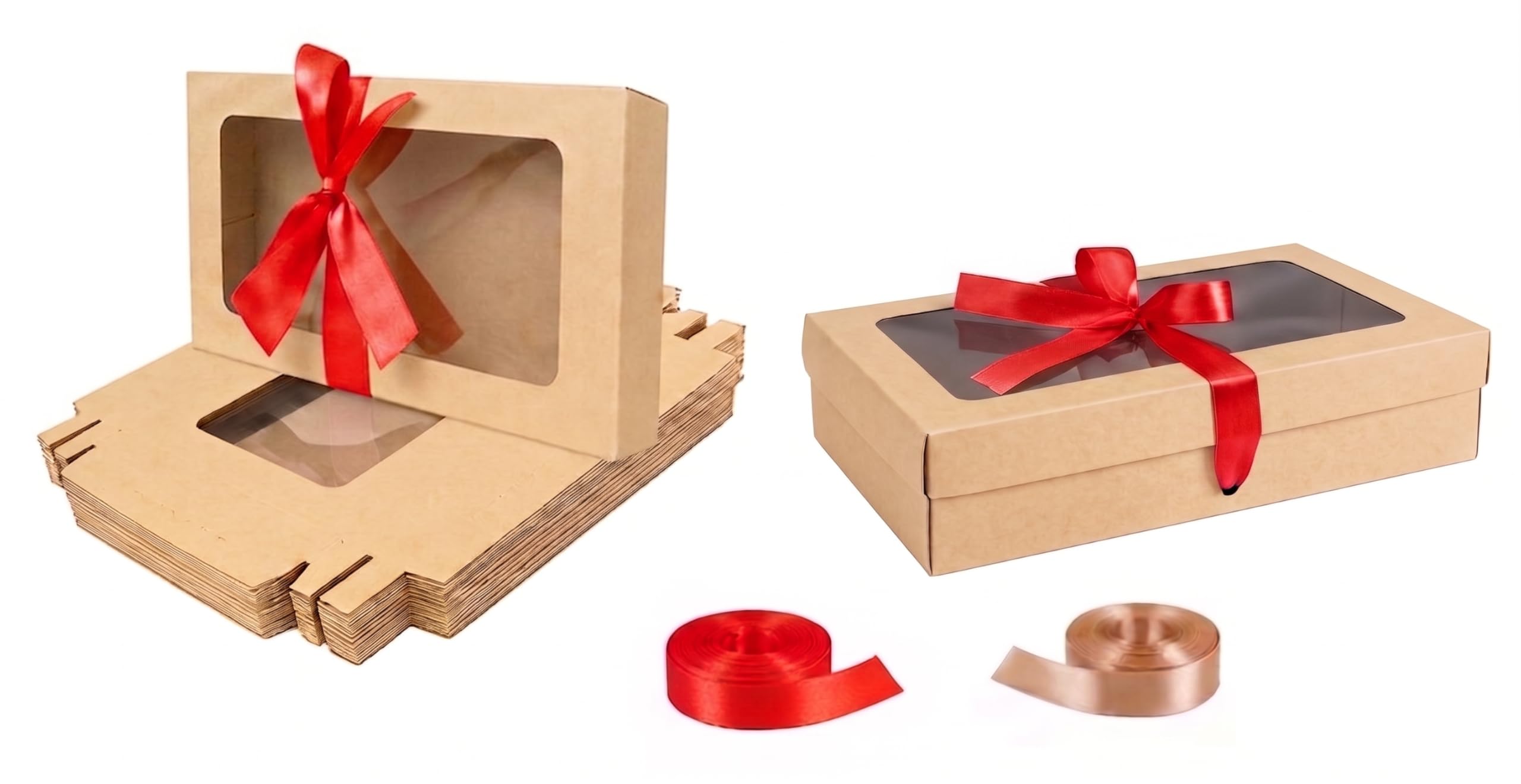 Emartbuy Pack of 12 Brown Gift Boxes with Clear Window Lid & Red Satin Ribbon - Medium-Large 27 x 16 x 6 cm - Recyclable Kraft Presentation Box for Hampers, Treats, Weddings & Favours