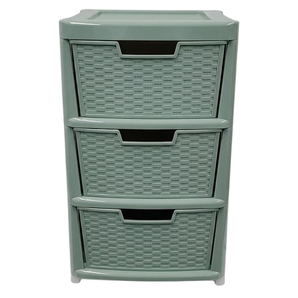 Kaanco Large Plastic Storage Drawers Rattan Effect Storage Unit Tower Space Saving Plastic Drawers for Bedroom Office Kitchen Laundry Bathroom Clothes Toy Home Organisation (3 Tier Rattan Sage Green)