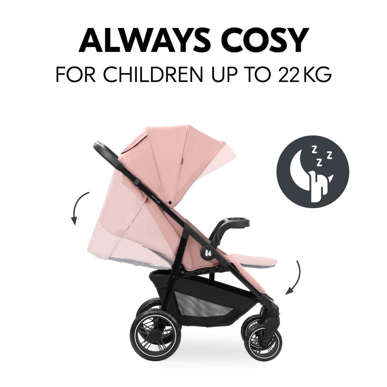 Hauck Shop N Care - Passeggino leggero (solo 8,5 kg) con vassoio per merenda, portabicchieri e parapioggia, compatto e pieghevole con una sola mano, completamente reclinabile dalla nascita fino a 22