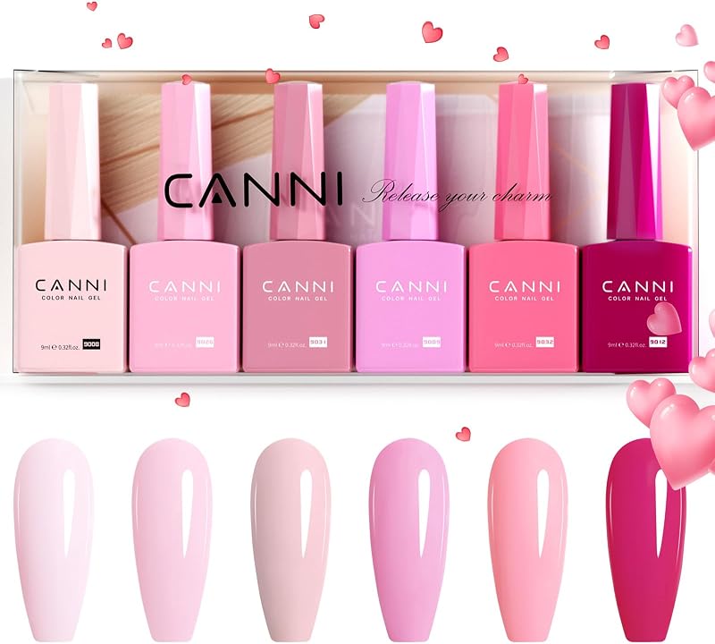 CANNI Juego de esmaltes de uñas de gel sin hema de 0.3 fl oz, kit de manicura de gel de uñas de color rosa claro, 6 unidades, esmalte LED para remojar en casa, salón, regalos para mujeres y niñas
