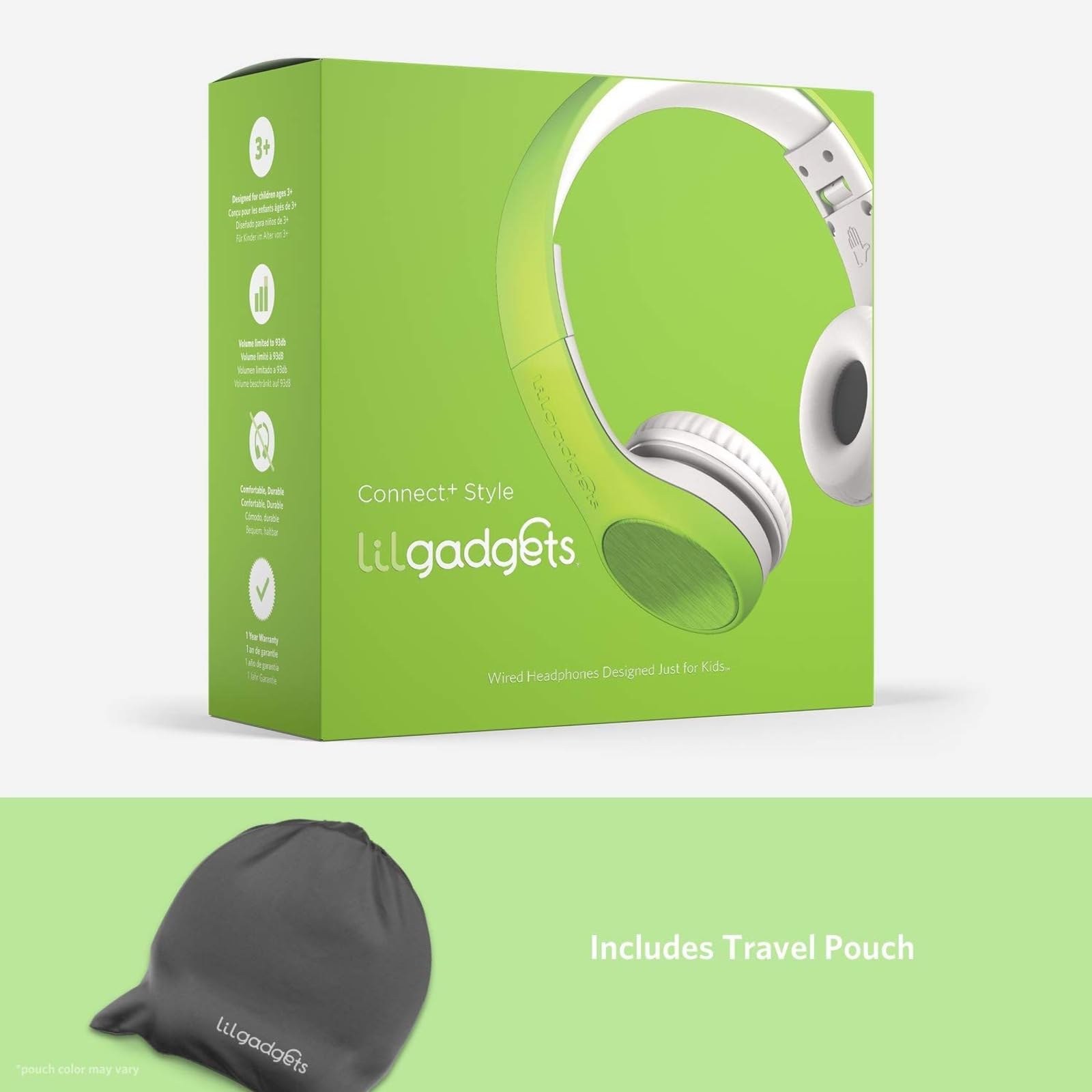 LilGadgets Estilo Connect+ Auriculares con Cable de Volumen Limitado con Puerto compartido y micrófono en línea (para niños, niños pequeños) Verde