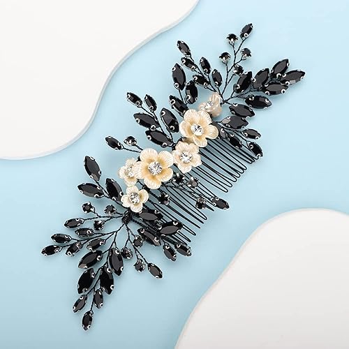 Miniatura 2 de BERYUAN Peine para el cabello con diamantes de imitación de cristal negro para novia, dama de honor, tocados laterales deslizantes, accesorios para