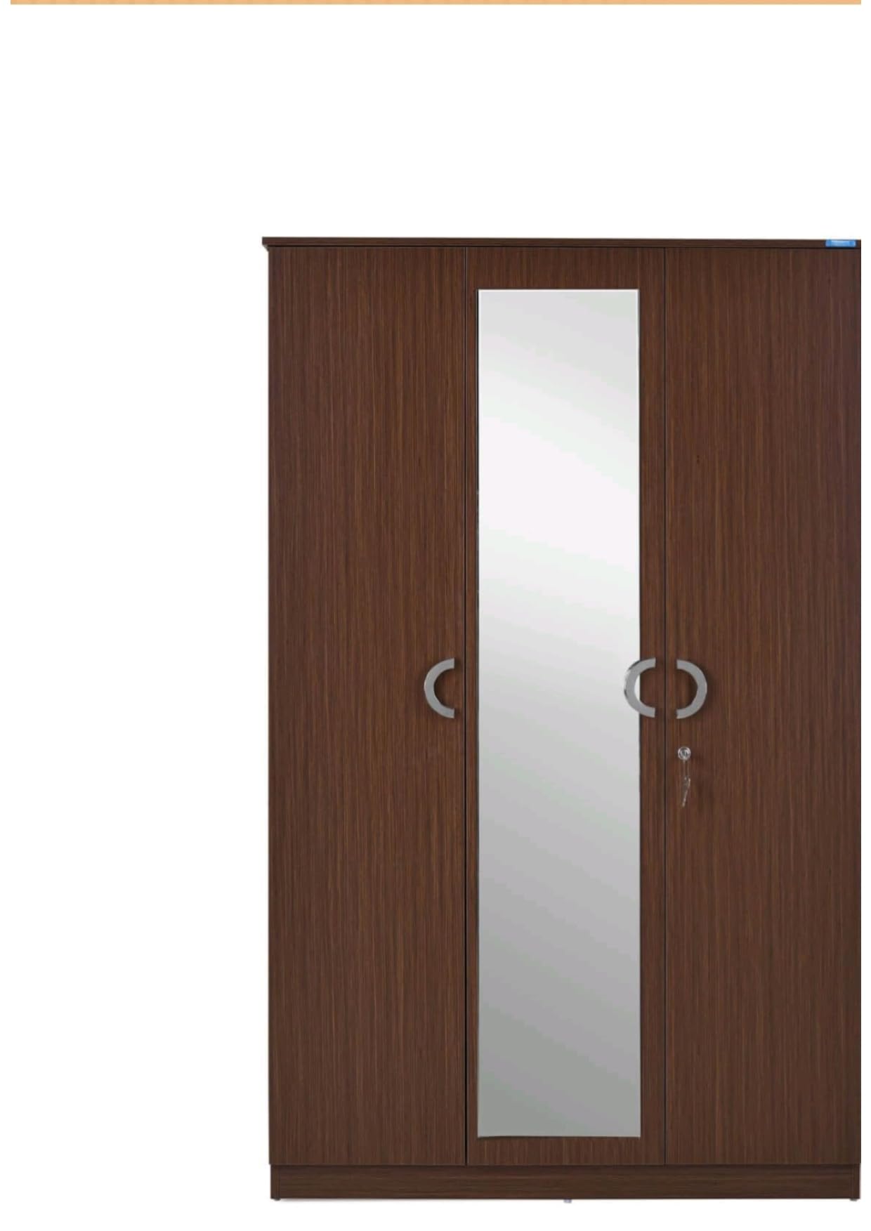 HOMEBRIGHT 3-Door Wooden Wardrobe with Mirror, 111x45x181 cm, Walnut | Hanging Rod Included, Multiple Shelves, Key Lock, Bedroom Storage, Engineered Wood-image-8