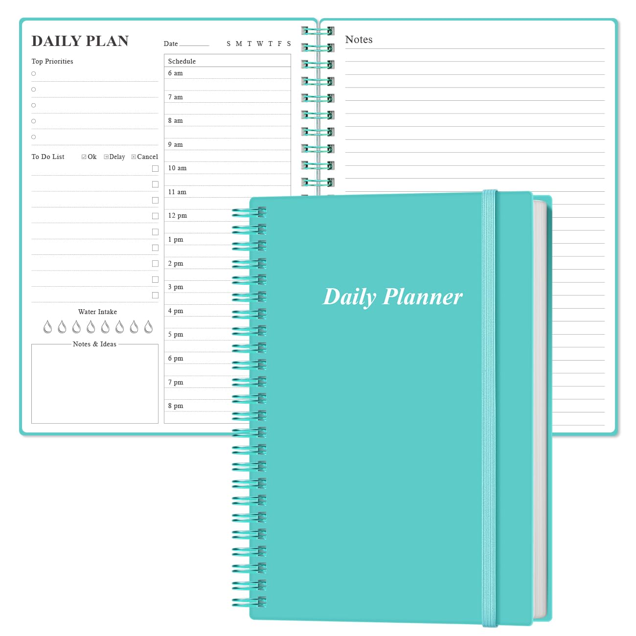 Daily Planner Undated - A5 To Do List Notebook Hourly Schedules, Spiral Appointment Planner for Women and Men, PVC Hardcover, Inner Pocket, Elastic