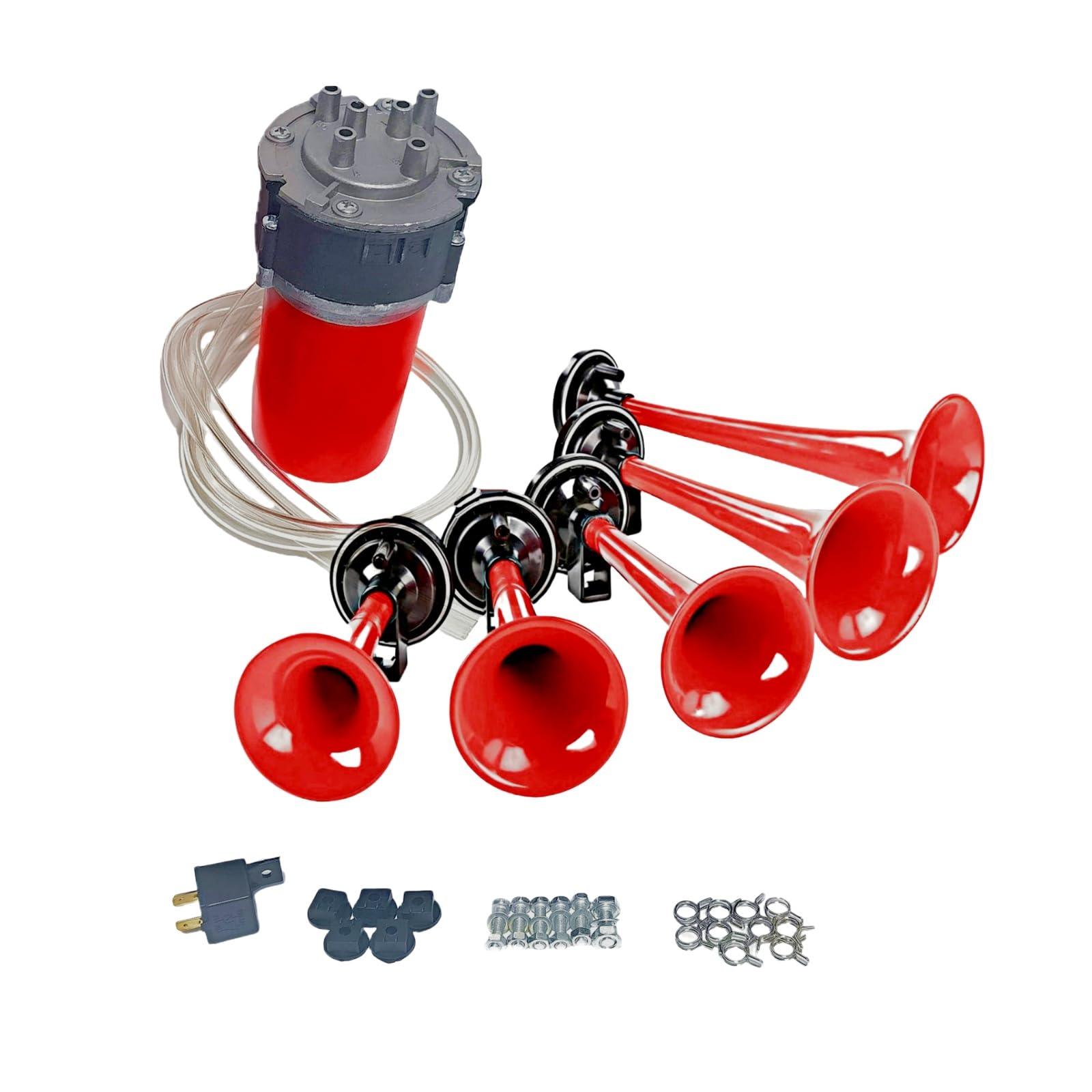 Lufthupe, 160 dB, Musikhupe, Lautsprecher, 5 Röhren, rote Wiedergabe, Dixie-Musik, Autohupe mit Luftpumpe, Warnalarm, einfache Installation, Trompete für 12 V Auto, LKW, Schiff, Boot, Motorrad