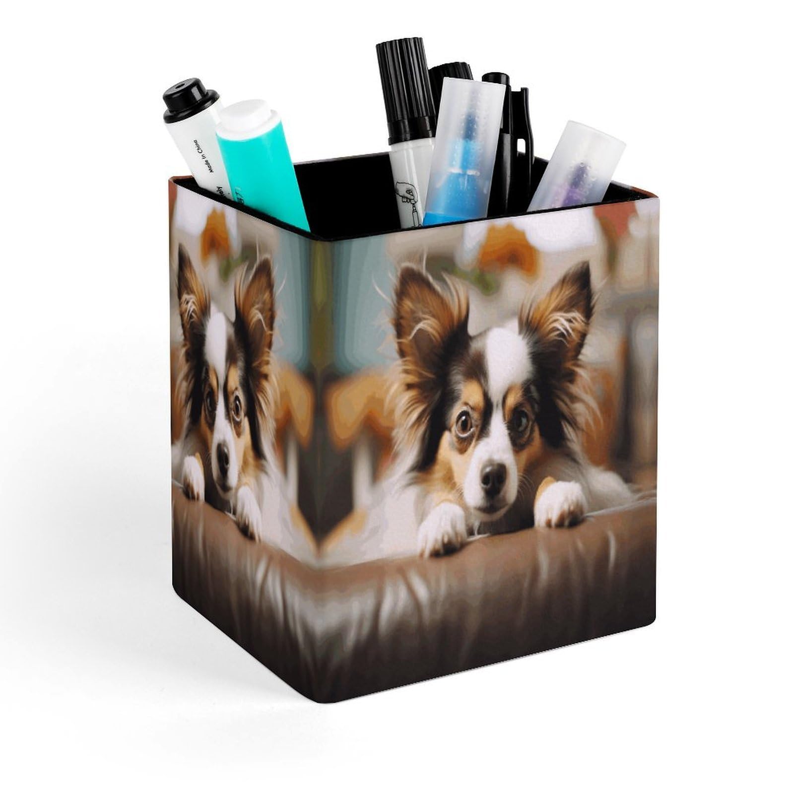 VstaDank Papillon Lying on Tummy Pen Holder Square Pencil Holder Leather Pencil Cup Pen Organizer Makeup Brush Holders Pen Cups Desktop Stationery Organizer for Home Office Desk Organizers