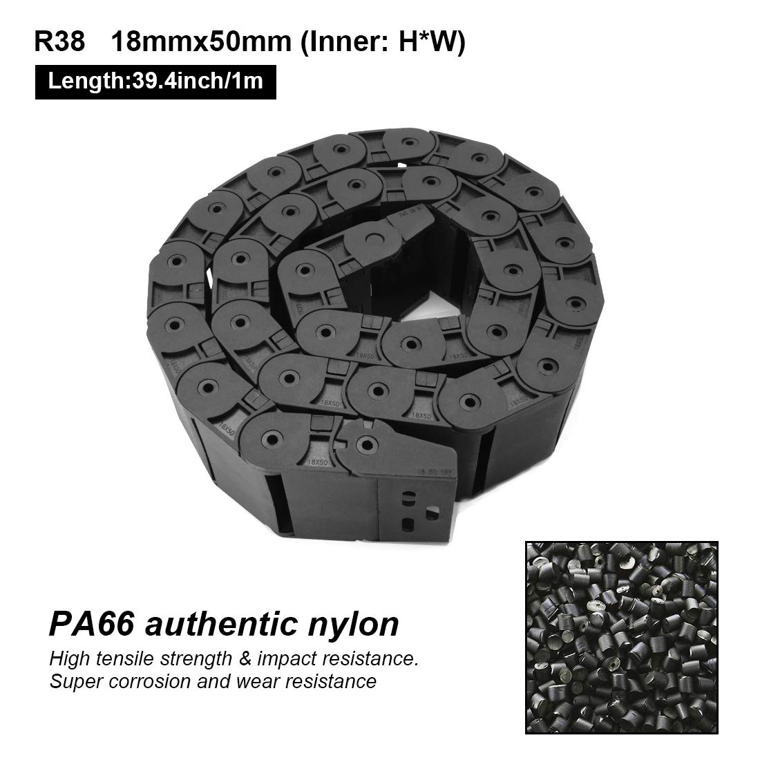 Black Plastic Cable Drag Chain – R38 Bend Radius, 18x50mm Inner Size, 1M Length For CNC Machines (Semi-Enclosed)