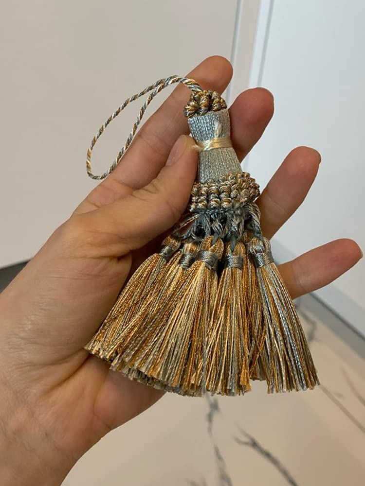 Lot de 4 pompons à suspendre pour rideaux - Frange en fil de soie - Décoration artisanale - Porte-clés (doré)