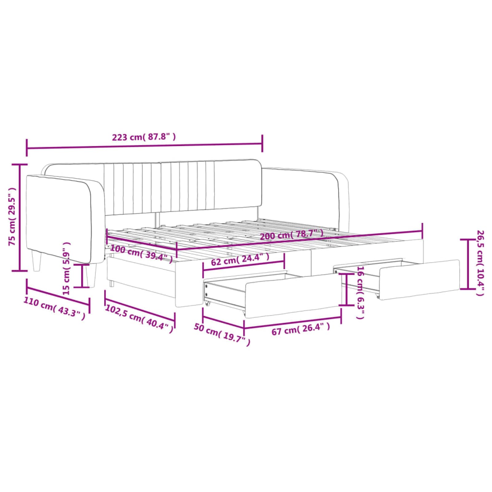 ATOMSTACK MAKER Divano letto pieghevole 2 in 1 con 2 cassetti portaoggetti, rivestito in velluto grigio scuro, 223 x 110 x 75 cm, ideale per gli ospiti, materassi non inclusi