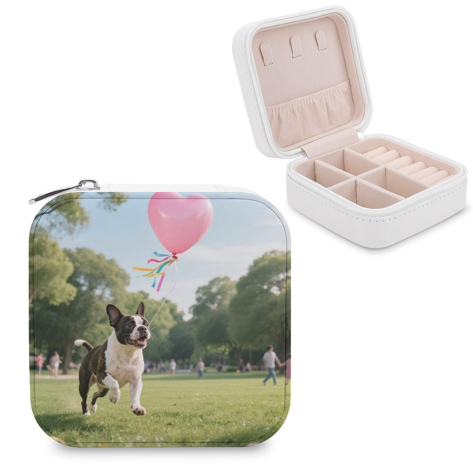 VstaDank Boston Terrier Dog Jewelry Box for Women Jewelry Organizer Storage Case with Zipper Mini Travel Jewelry Case Cute Trinket Organizer Leather Portable Jewelry Storage Box