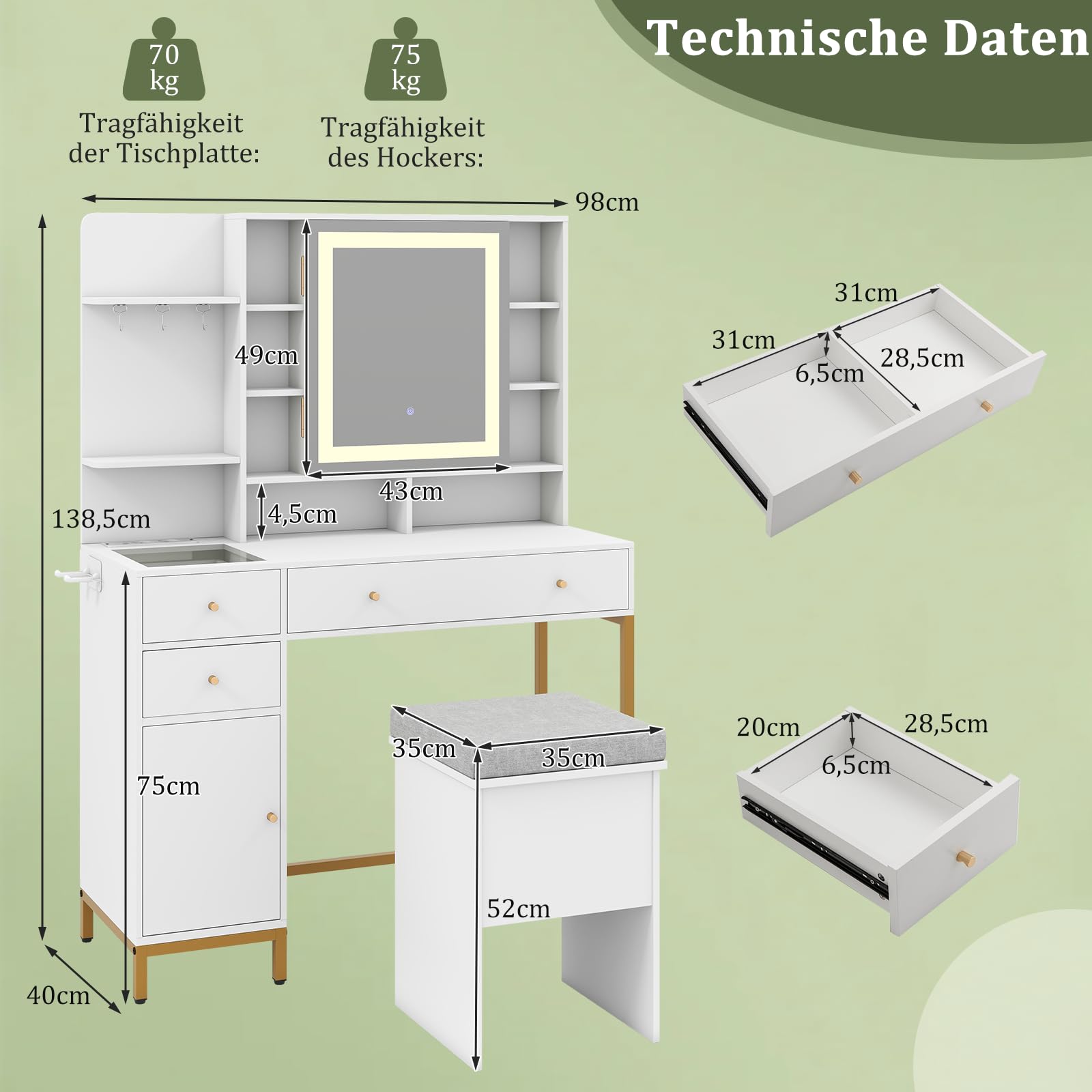 COSTWAY Toaletka z lustrem LED, stół fryzjerski i zestaw taboretów ze stacją ładującą, 3-kolorowe światła, szafka z lustrem, szufladami, otwarte półki i przezroczysty szklany blat, toaletka biała