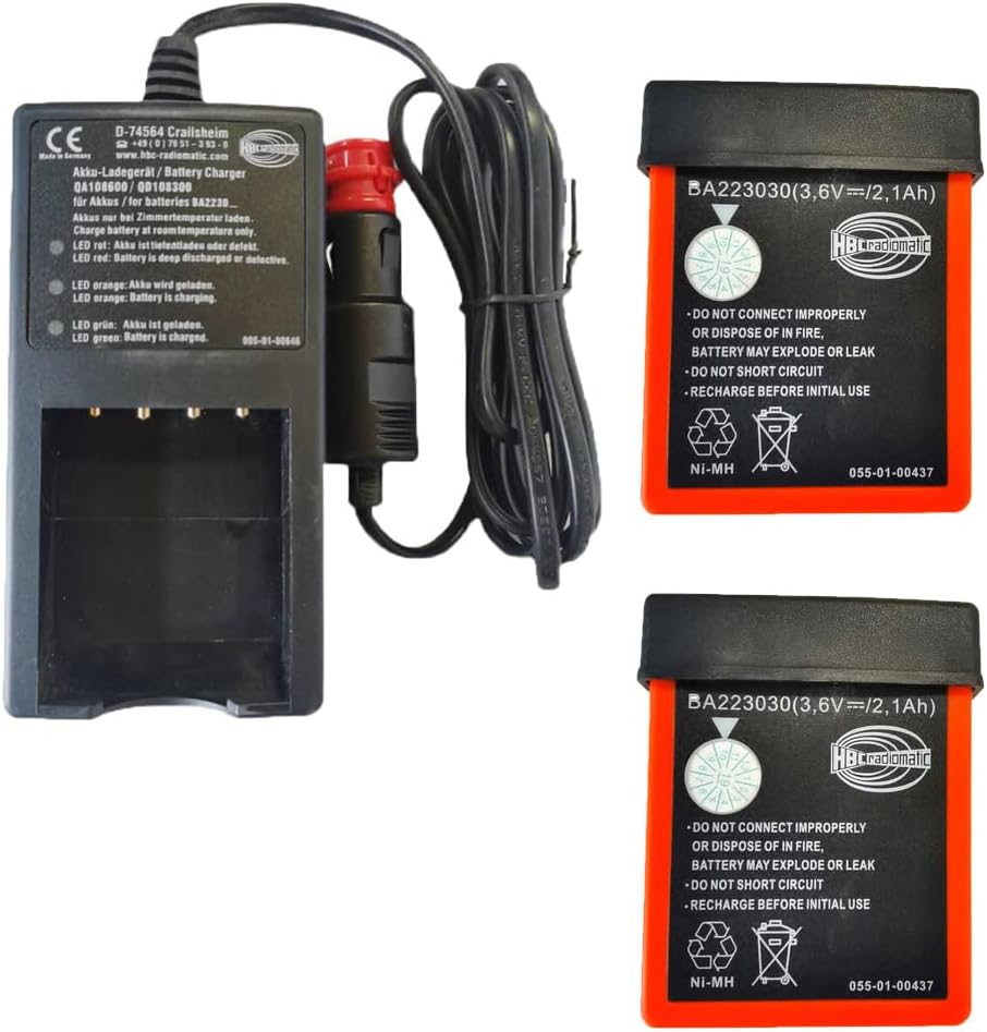 BALOLO (1*Charger+2*Battery) BA223030 3.6V 2100mAh NiMH Rechargeable Battery with QA108600 QD108300 DC12-24V Car Charger, for HBC Pump Truck Crane Remote Control Battery