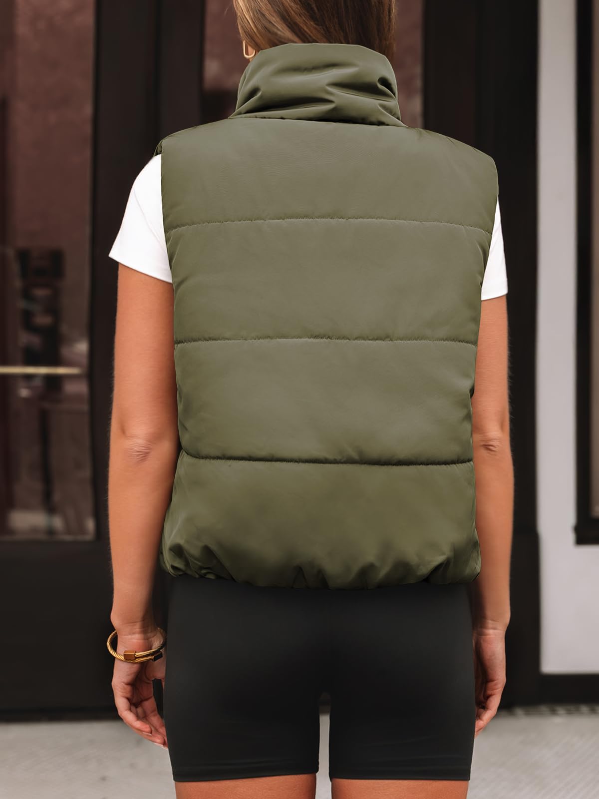 AUTOMET Women‘s Cropped Puffer Vest, Y2K Inspired Sleeveless Gilet for Fall Winter Spring, Casual to Street Outerwear: Army Green X-Small