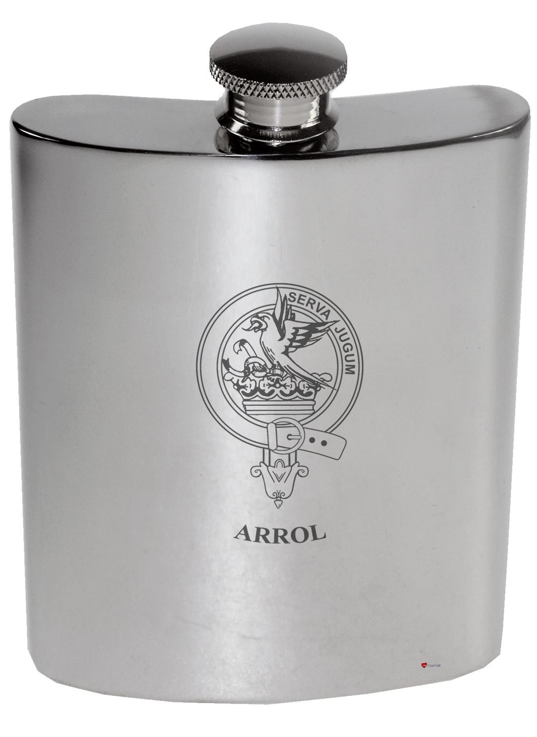 Flacon de rein hip flask en étain poli Arrol avec écusson héraldique de famille 6 oz