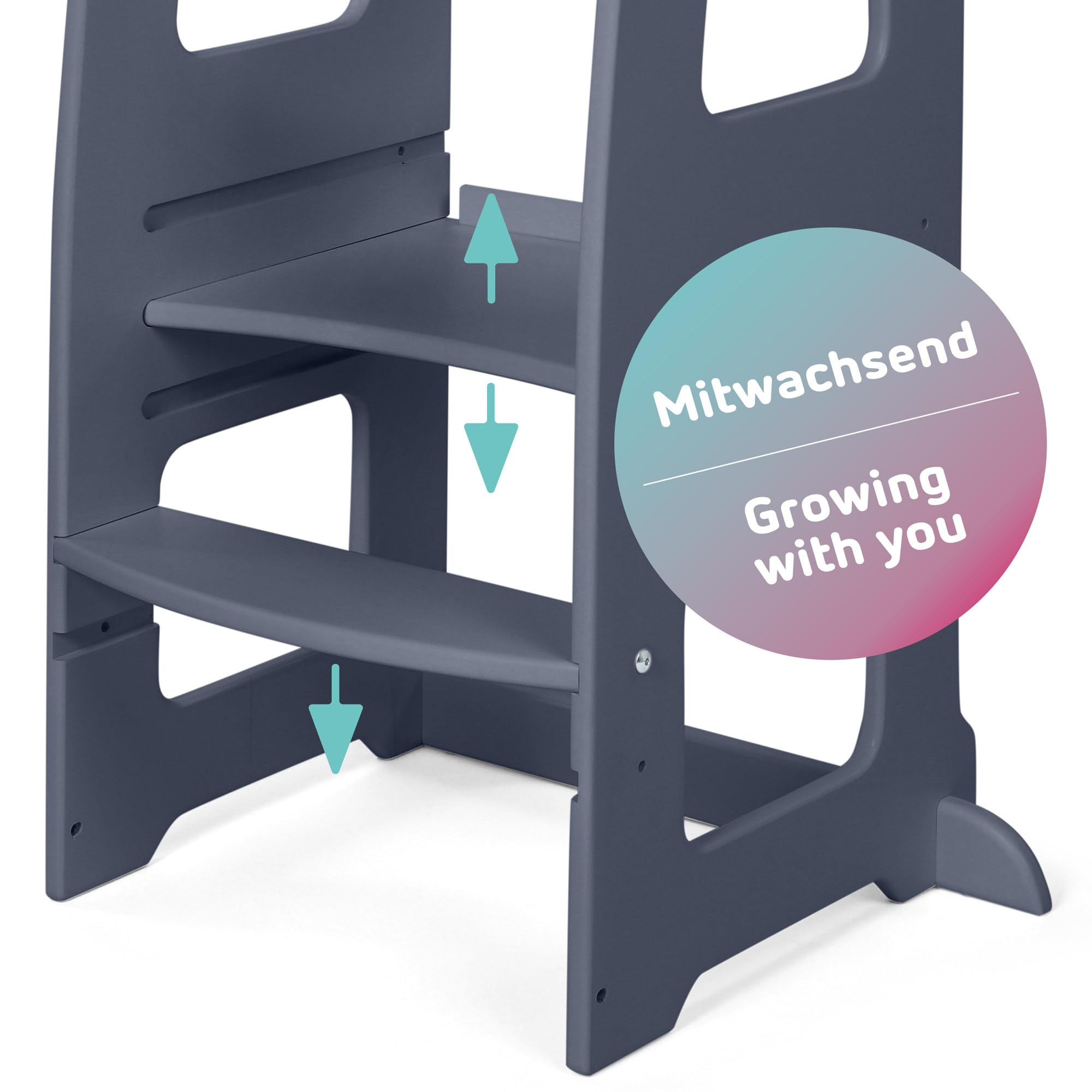 babybay Lernturm Littlefoot, maximale Kippsicherheit durch massives Buchenholz, Förderung der Motorik, dreifach höhenverstellbar, ergonomischer Einstieg, Aussparung für Küchengriffe, grau lackiert