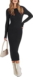 Women Long Sleeve Crewneck Sweater Dress Ribbed Knit Stretch Slim Fit Bodycon Midi Dresses Fall Fashion Outfits - Buy now
