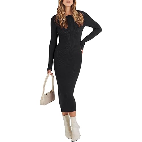 ANRABESS Women's 2023 Fall Long Sleeve Sweater Dress Crewneck Slim Fit Ribbed Knit Bodycon Midi Dress