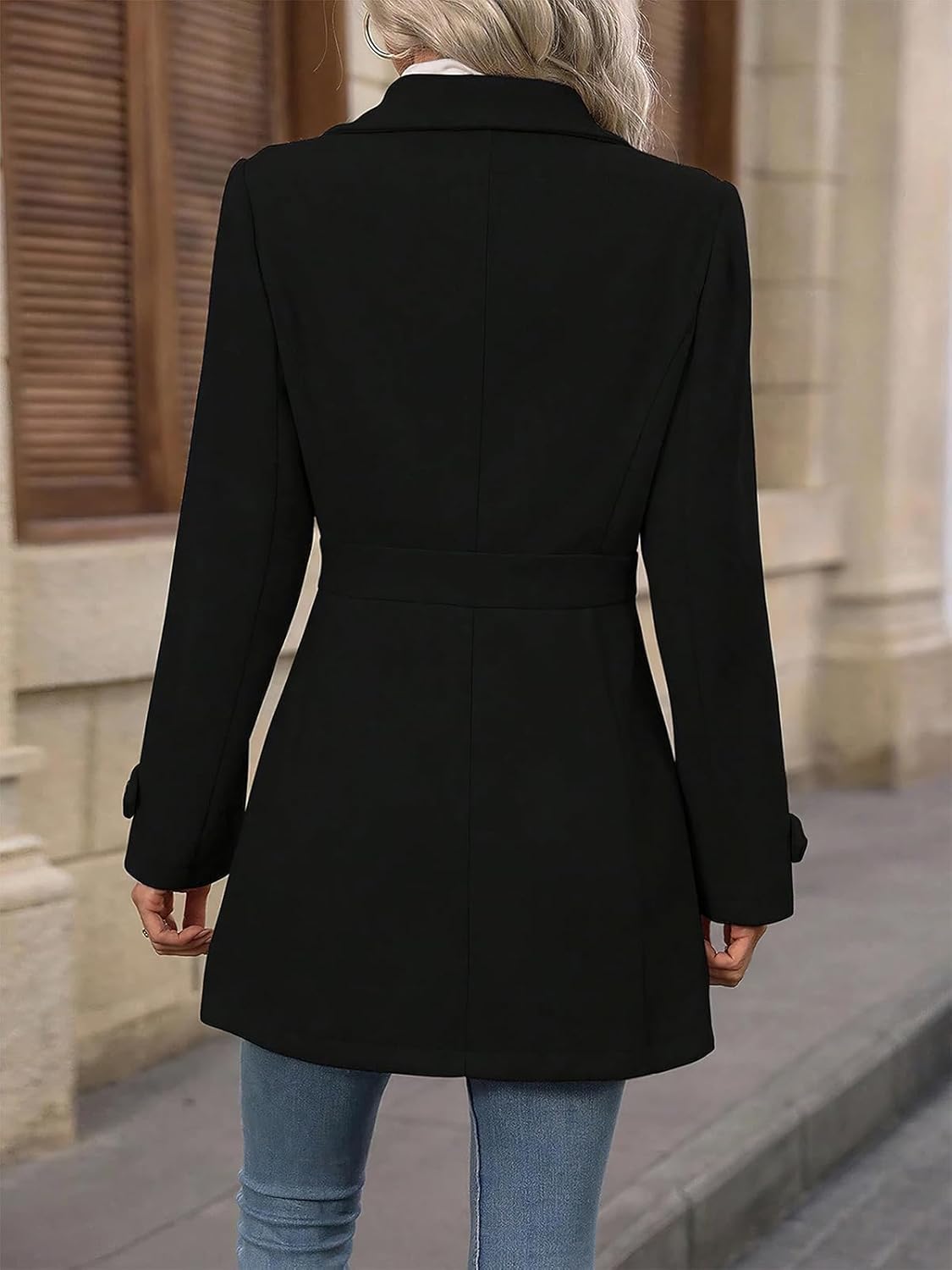 Women's Single Breasted Pea Coat Winter Notched Lapel Mid Long Wool Blend Trench Coat