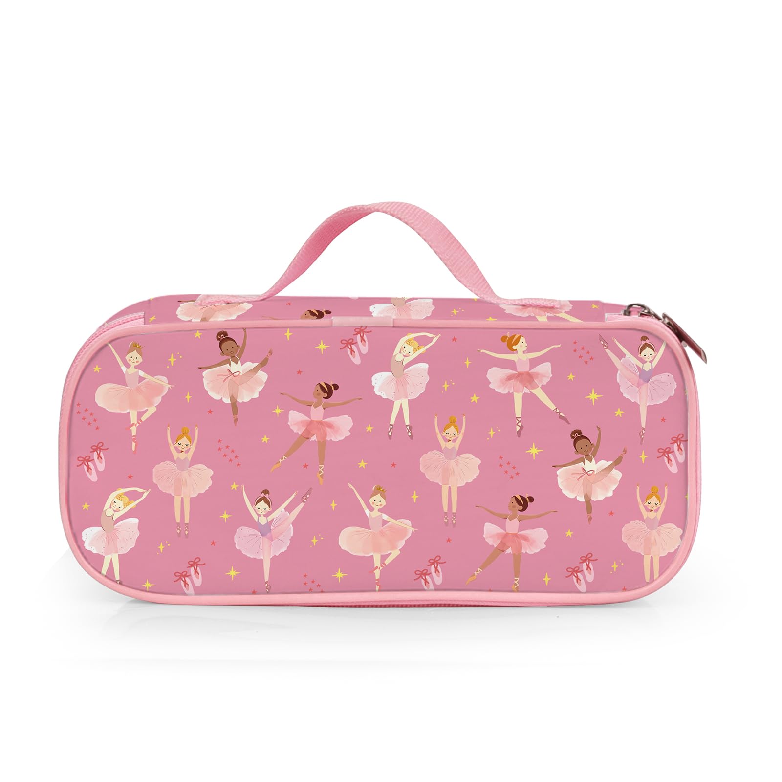NEIUJADK Cute Ballerina Pencil Case for Girls, Large Capacity Pink Ballet Dancer Print Stationery Bag with Handle, Portable Pencil Pouch for School & Travel