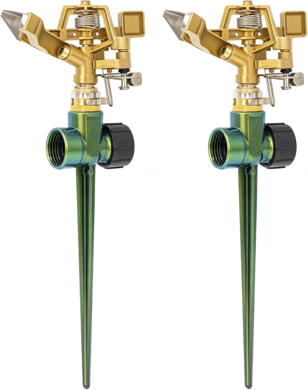 RESTMO 2 Pack Heavy Duty All-Metal Impact Sprinkler, Zinc Alloy Lawn Sprinkler Head on Sturdy Spike Base, 360° Adjustable Coverage Nozzle for Large Area Irrigation