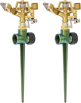 RESTMO 2 Pack All-Metal Impact Sprinkler Head on Sturdy Spike Base | Heavy Duty Zinc Alloy Lawn Sprinkler,Adjustable Coverage Nozzle,Water sprinkler for lawn and Large Area Irrigation