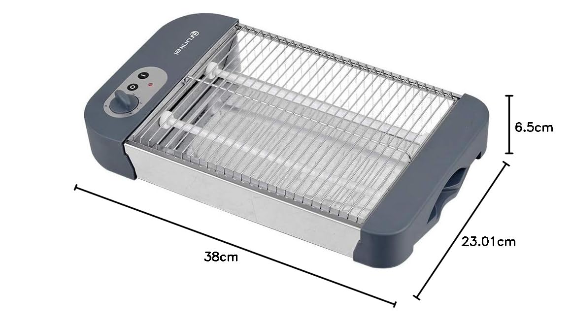 Grunkel - Tostadora de pan plana para 4 rebanadas de 600w con 6 niveles de temporizador y señal acústica de finalización. Incluye bandeja recogemigas extraíble (Básico)