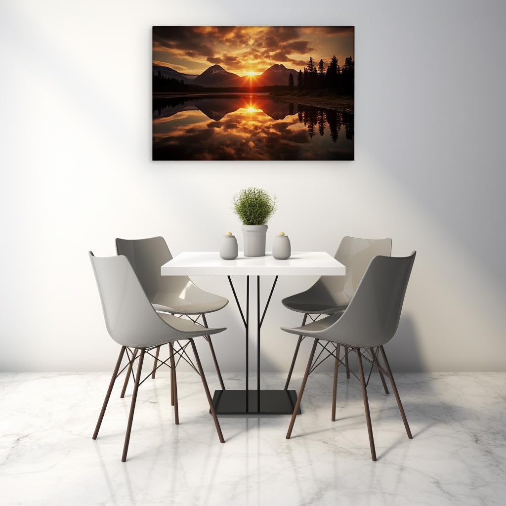 Canvas for Living room. Reflecting Elegance: Dawn's Grace Over a Mountain Lake, 27 x 18 inch Canvas Wall Art - Contemporary Masterpieces - Modern Home Decor - 69x46 cm (27x18 inch)