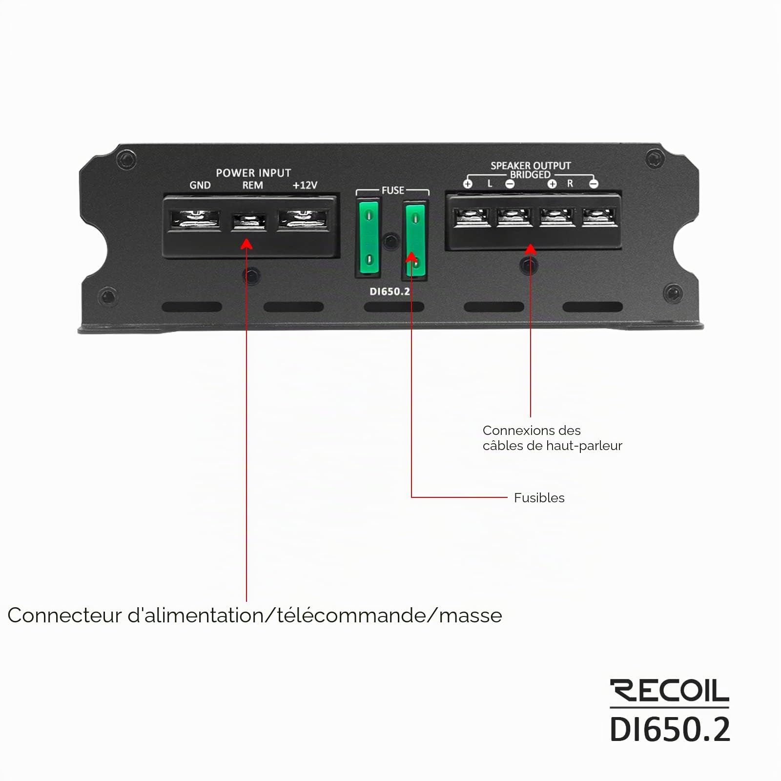 RECOIL DI650.2 Ampli 2 Canaux Classe D 1400W Pontable Subwoofer Voiture | 2-4 Ohms Stable, MOSFET, LPF, HPF, Contrôle Graves