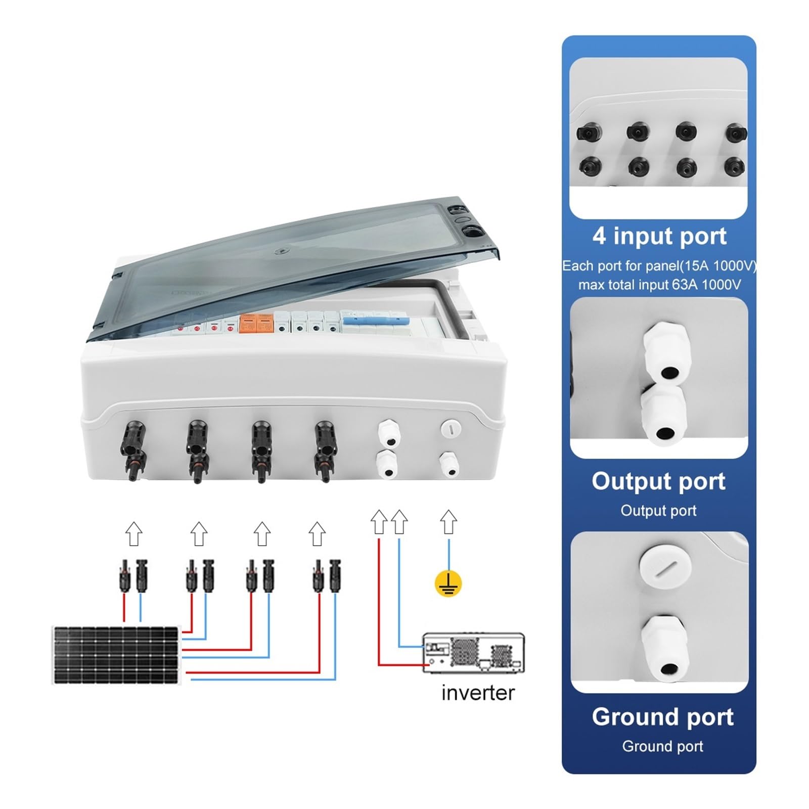 RWRAPS Scatola combinatrice fotovoltaica Solare fotovoltaica con Protezione Contro i fulmini 4 ingressi 1 Uscita Scatola Impermeabile con Fusibile DC 1000 V IP65 18 Vie (Size : 1000V 25A)