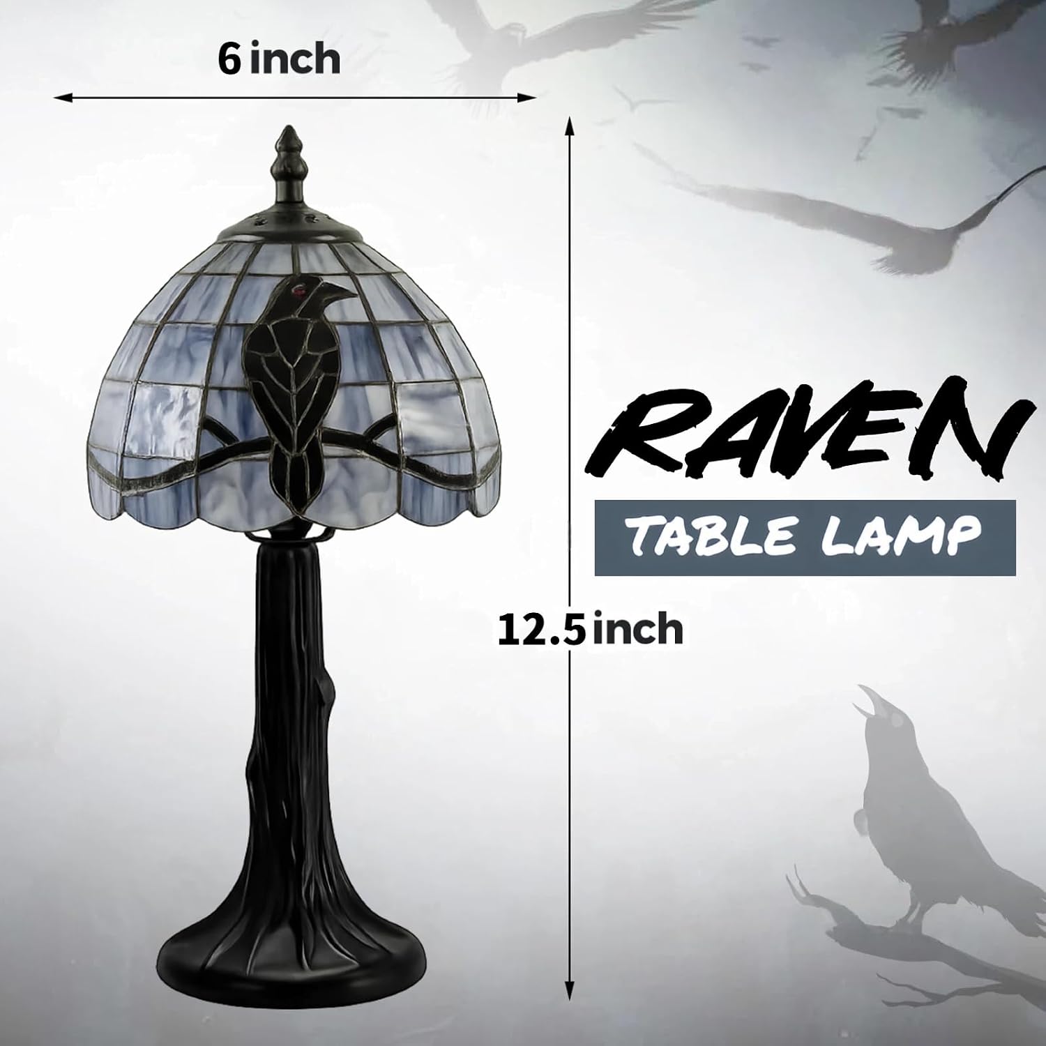 Stained Glass Raven Lamp Table Light with Handcrafted Lampshade - Vintage Spooky Small Crow Lamp for Bedside Bedroom Living Room Goth Gifts Home Decoration (6Wx12.5H,Vintage)
