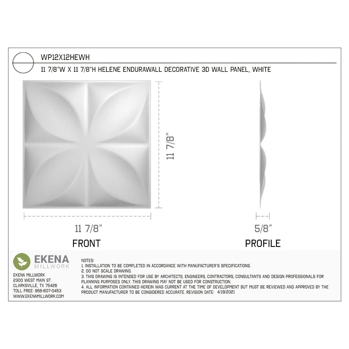 Ekena Millwork WP12X12HEWH 11 7/8"W x 11 7/8"H Helene EnduraWall Decorative 3D Wall Panel Covers 0.98 Sq. Ft. , White