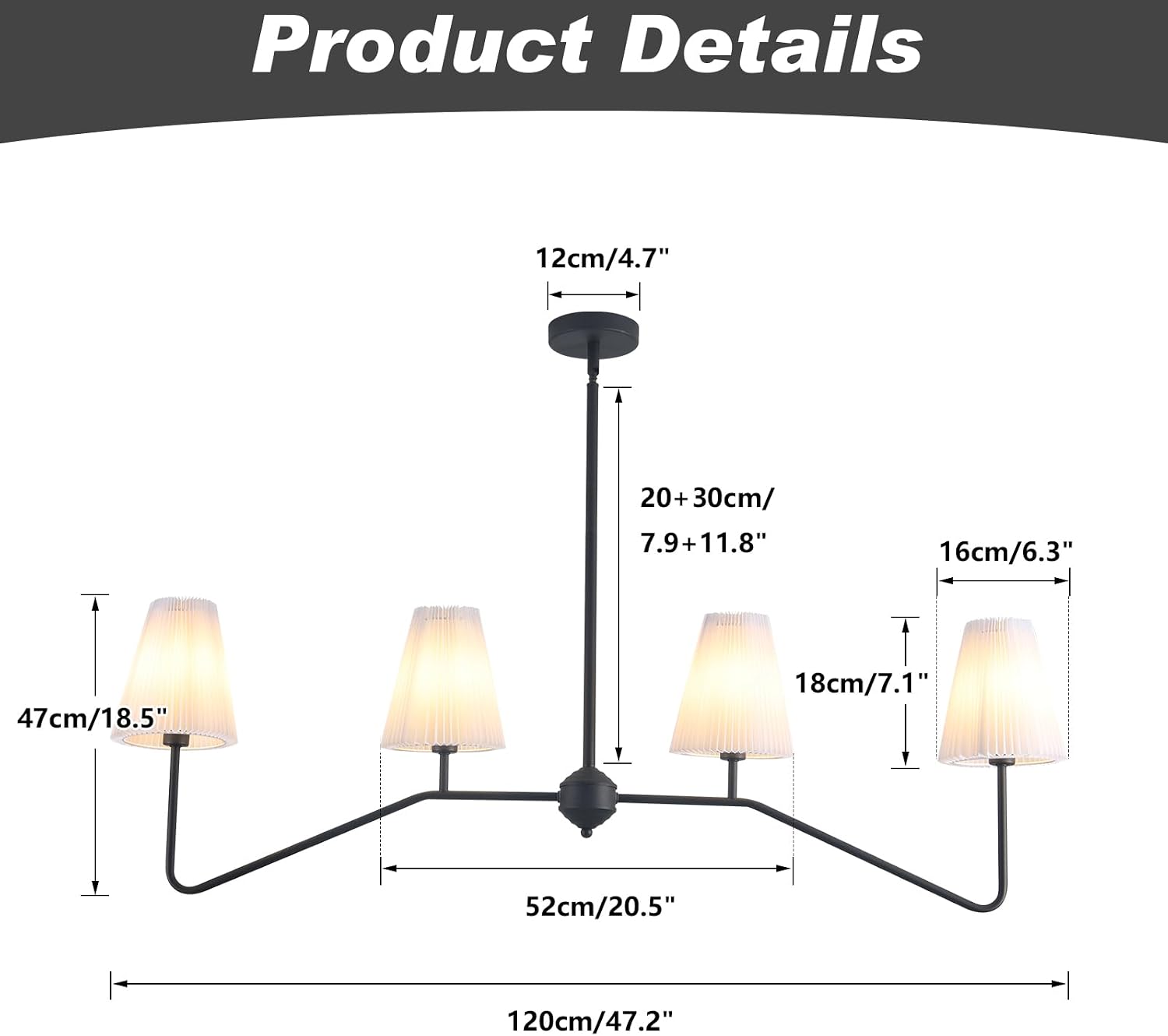 KCO 4 Light Linear Kitchen Island Pendant Lighting Black Dining Room Light Fixture Fabric Shade Traditional Chandelier for Bedroom Schoolhouse Stairway