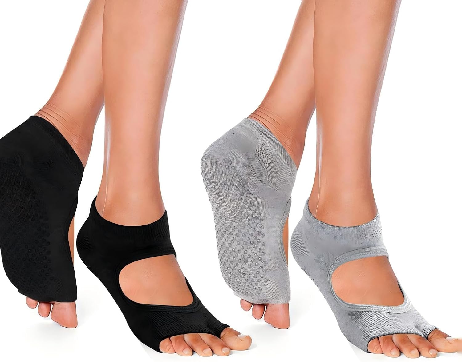 2 Pairs Grip Socks,Yoga Socks For Women Toeless Pilates Grip Socks Mid Calf Anti Non Slip Slipper Socks Breathable Grippy Pilates For Ballet,Dance,Workout,Barefoot,Fitness,Yoga,Trampoline-Black&Grey