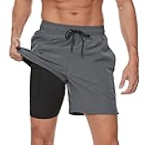 Mens Swim Trunks with Compression Liner 2 in 1 Beach Swimming Trunks Quick Dry Swim Shorts with Zipper Pockets