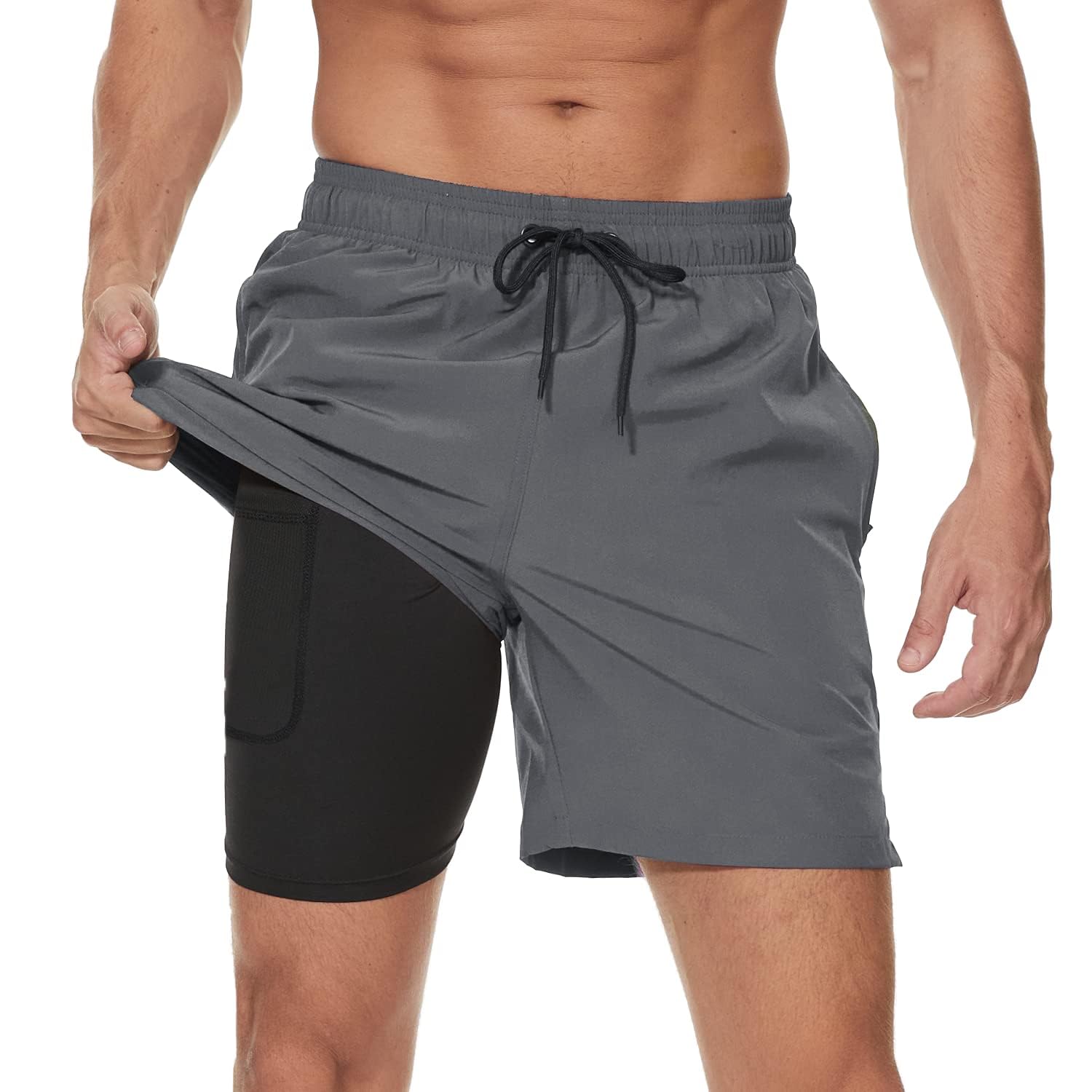 Men's Swim Trunks Mens Swimming Shorts with Compression Liner Quick Dry Stretchy 2 in 1 Board Shorts with Zipper Pockets