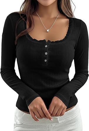 Women Cute Lace Trim Button Down Pointelle Cropped T Shirts Y2k Fall Pointelle Scoop Neck Long Sleeve Crop Tees