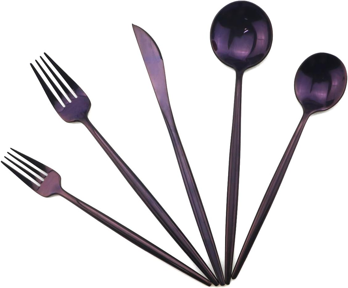 Gugrida Portable Silverware Set - 20-Piece Flatware Cutlery Set - 18/10 Stainless Steel - Mirror Polishing Purple - Travel Elegant Modern Utensils - Service for 4 Include Steak Knife Dinner Fork Spoon