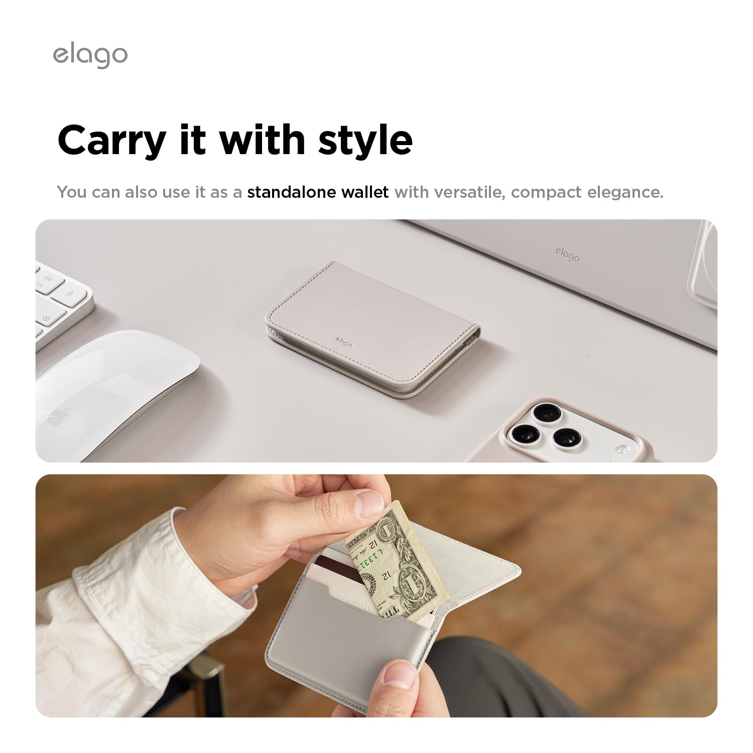 elago Tarjetero Magnético de Cuero Vegano para 4 Tarjetas - Compatible con MagSafe para iPhone, Cartera Segura para el Teléfono, Protección contra Arañazos, Admite Monedas y Billetes (Gris Claro)